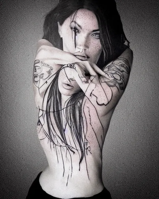 Image similar to creative double exposure effect tattoo design sketch of megan fox faded in beautiful mountain scenery, realism tattoo, in the style of matteo pasqualin, amazing detail, sharp