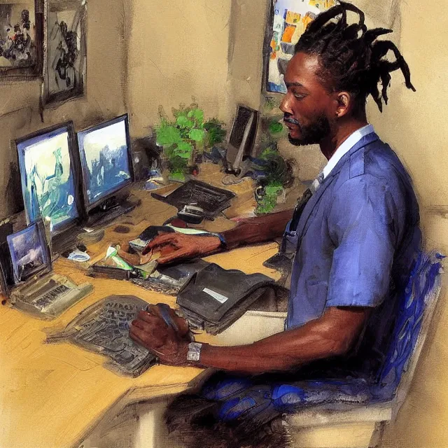 Image similar to a jamaican male with medium length locs, holding a sony camera, sitting at a computer desk, portrait, elegant, intricate, digital painting, artstation, concept art, smooth, sharp focus, illustration, art by konstantin korovin and daniel f. gerhartz and john howe