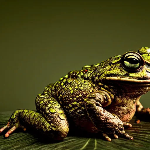 Image similar to toad philosopher, swamp, hyperrealism, symmetric, by Irving Penn, bokeh top cinematic lighting , cinematic mood, very detailed, shot in canon