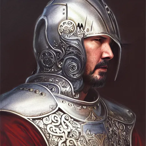 Image similar to Keanu Reeves dressed as a knight, D&D, fantasy, intricate, elegant, highly detailed, digital painting, artstation, concept art, matte, sharp focus, illustration, art by Artgerm and Greg Rutkowski and Alphonse Mucha