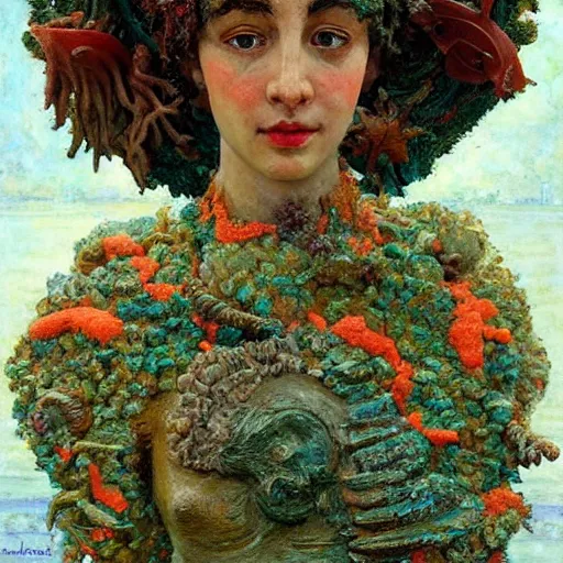 Image similar to a sculpture portrait made of seaweed and coral and shells and lilies, painting part by wojciech siudmak, part by ilya repin, part by max ernst, part by norman rockwell, artstation