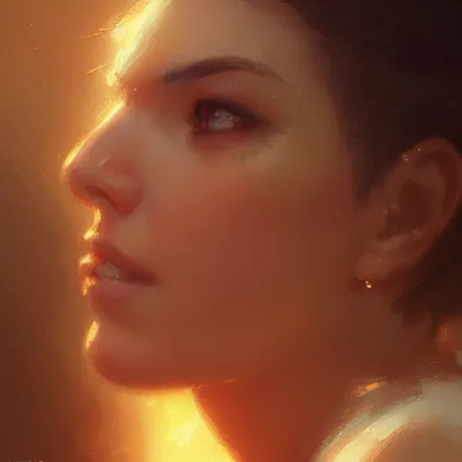 Prompt: portrait of a beautiful flirtatious woman in profile, rule of thirds, light study, by greg rutkowski, rossdraws, thomas kinkade, trending on artstation