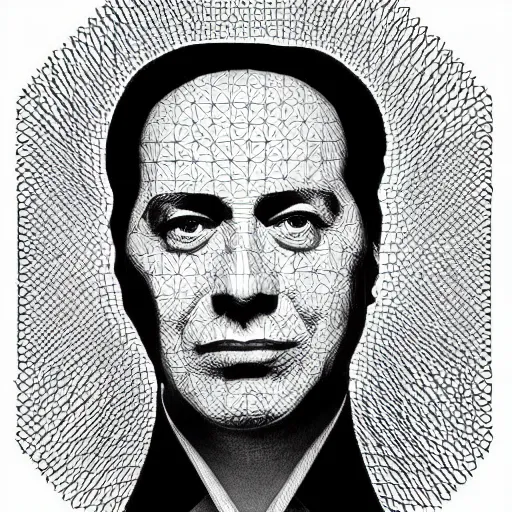 Prompt: Geometrically surreal Silvio Berlusconi extremely high detail, photorealistic, intricate line drawings, dotart, album art in the style of James Jean