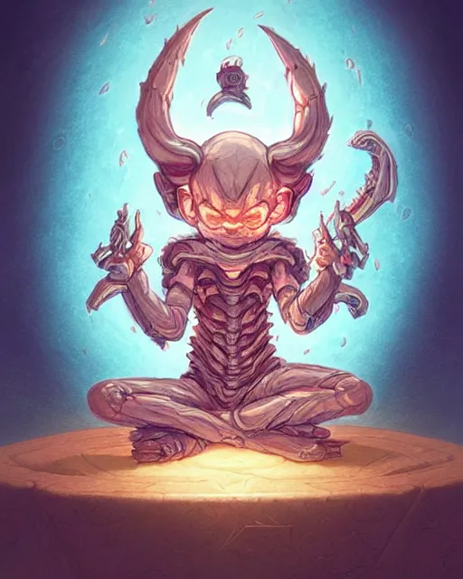 Prompt: a tiny cute demon meditating, wrapped in sacred parchment with glowing text, smooth, intricate, elegant, digital painting, artstation, power runes, pulsing energy, concept art, sharp focus, octane render, illustration, art by shintaro kago and philippe druillet, overwatch character,