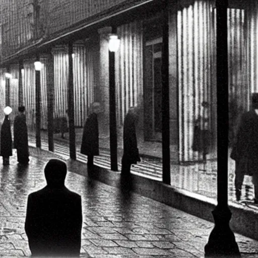 Prompt: a some people waiting in a lone bus stop in quiet dark city night of 1950 Rome while it is raining, by George Tooker, moody, sinister, lighting, hyperrealistic, high quality, high resolution,detailed