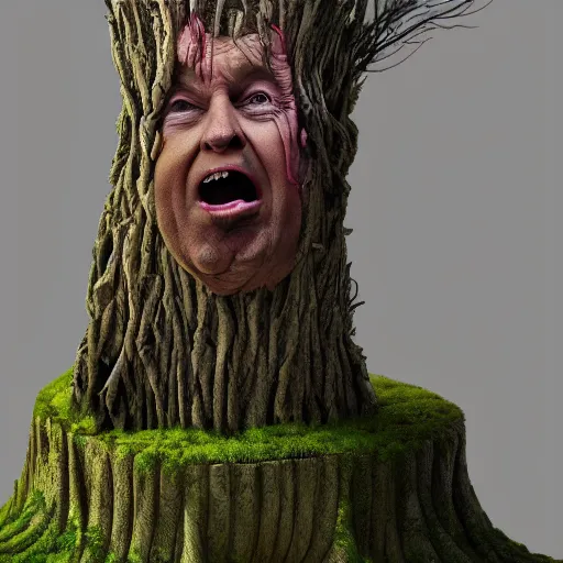 Image similar to donald trump is fused into a tree stump, hyperdetailed, artstation, cgsociety, 8 k