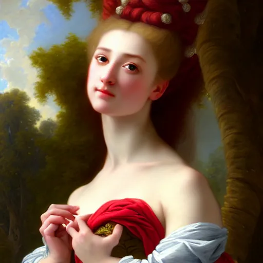 Prompt: A fantasy style portrait painting of a young woman, in the style of François Boucher, Oil Painting, hyperrealistic, render, Regal, Refined, Detailed Digital Art, RPG portrait, Michael Cheval, William-Adolphe Bouguereau, dynamic lighting, Highly Detailed, Cinematic Lighting, Unreal Engine, 8k, HD, octane render