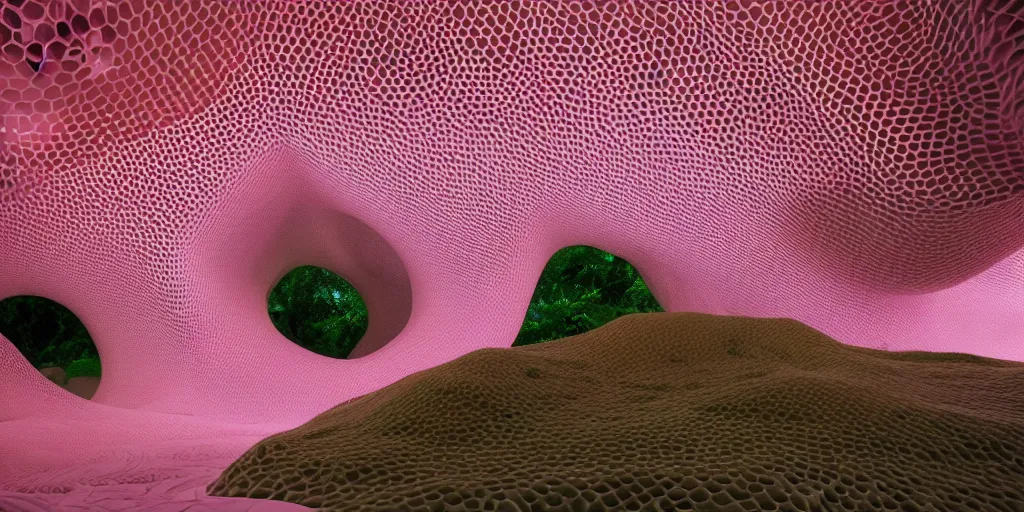 Prompt: biomorphic honeycomb structures by ernesto neto, light - mint with light - pink color, 4 k, insanely quality, highly detailed, film still from the movie directed by denis villeneuve with art direction by zdzisław beksinski, telephoto lens, shallow depth of field