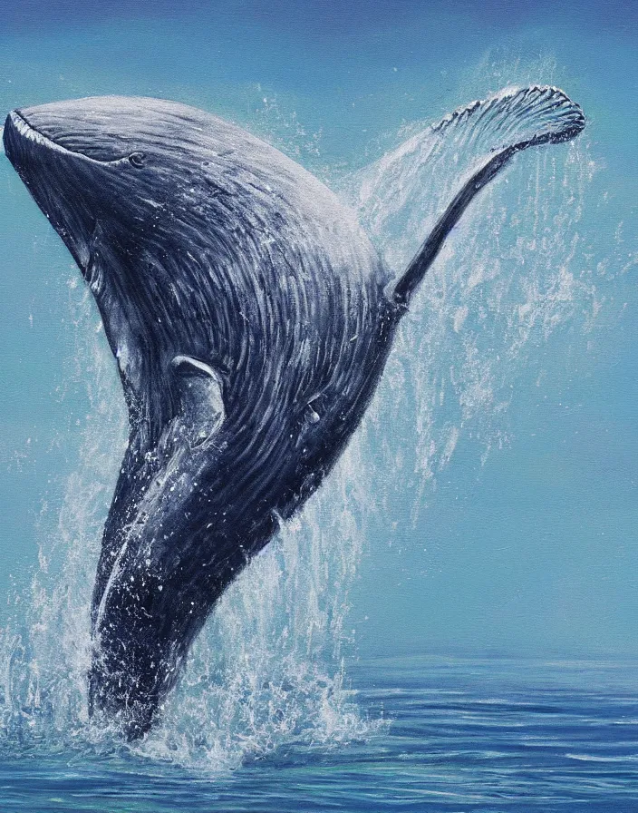 Image similar to high detail painting of a humback whale jumping out of water