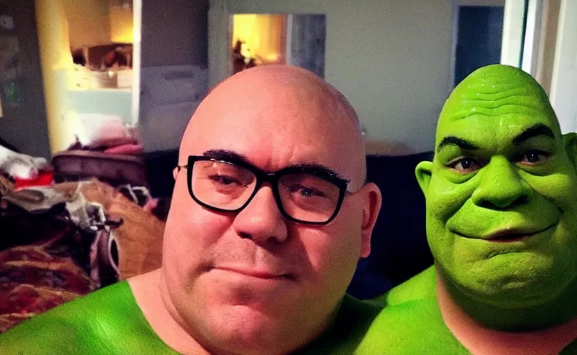 Image similar to my uncle that look like shrek if he was real accidentally taking a selfie, front camera, camera flash is so bright in his face, viral, selfie, viral on twitter, viral on instagram, viral photo