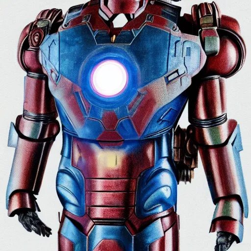 Prompt: steampunk Iron Man by H.R. Giger, full body details, smooth, sharp focus, illustration, realistic, cinematic, artstation, award winning, rgb, ethereal blue lighting, 8K, H 1088