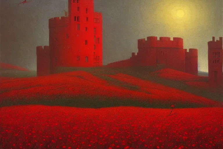 Image similar to only with red, red flowers of different types, a castle in the background, red giants rest over the flowers, in the style of beksinski, part by hopper, part by rodcenko, part by hofbauer, intricate composition, red by caravaggio, insanely quality, highly detailed, masterpiece, red light, artstation, 8 k