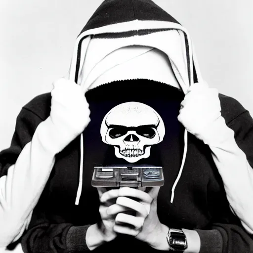 Prompt: close-up shot of a skull wearing hoodie in 80s, playing the computer, Polaroid photo, by Warhol