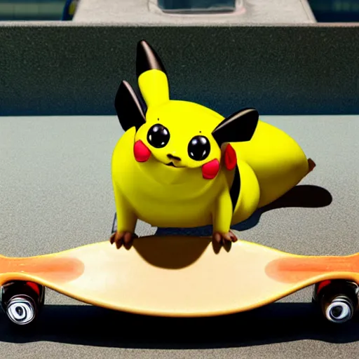 Image similar to Pickachu on a skateboard in a skatepark pixar style