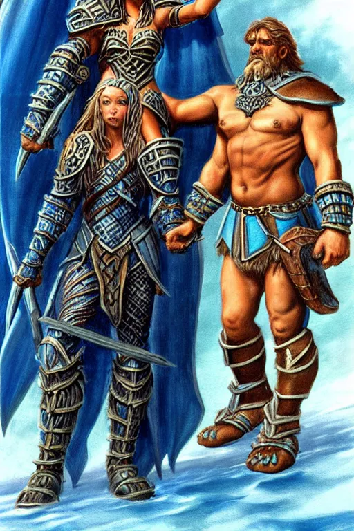 Image similar to a small blue-skinned triton girl wearing scale armor riding on a the shoulders of a large male goliath wearing fur and leather armor, dnd concept art, painting by Jeff Easley