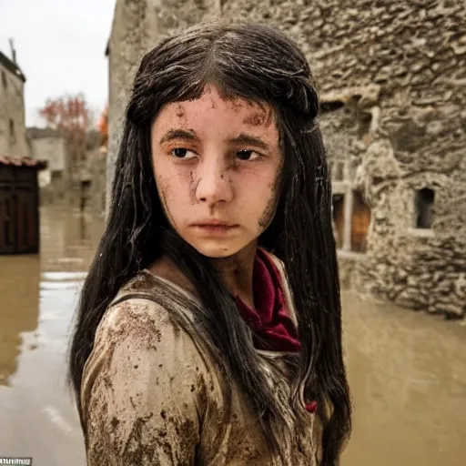 Image similar to a young girl of 1 5 years with black hair in a muddy medieval village square has raised her father from the dead to protect her from angry villagers