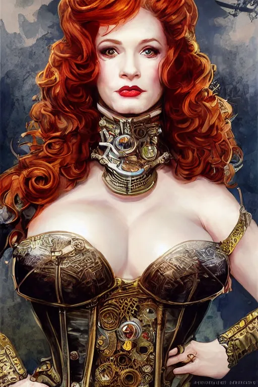 Image similar to three-quarters pose portrait of Christina Hendricks as a sensual Lady Mechanika, very beautiful young woman, ginger wavy hair, Victorian-era push-up underwire. Intricate, concept art, steampunk imagery themed, D&D!, fantasy style, sharp focus!, ultra detailed, art by Artgerm and Peter Andrew Jones, WLUP, Magali Villeneuve