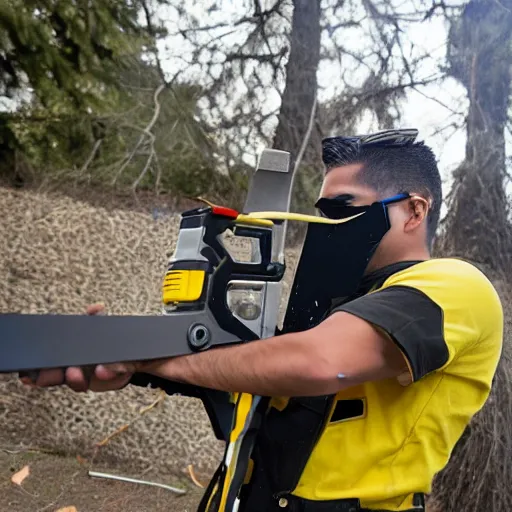 Image similar to young latino man using cordless power tool crossbow made by dewalt