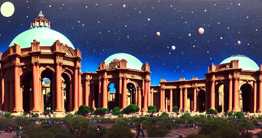 Prompt: the san francisco palace of fine arts during the intergalactic intervention, spaceships flying, realistic painting