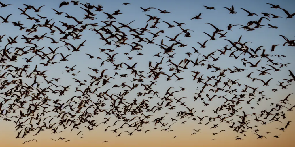 Image similar to at dawn a flock of seagulls takes flight from the beach, early morning light, sunrise, dramatic lighting, cinematic