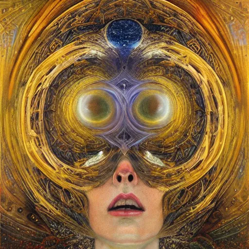 Image similar to Divine Chaos Engine portrait by Karol Bak, Jean Deville, Gustav Klimt, and Vincent Van Gogh, celestial, sacred geometry, visionary, mystic, fractal structures, ornate gilded medieval icon, spirals