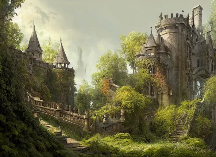 Image similar to a painting of an overgrown castle with stairs leading up to it, a detailed matte painting by edwin deakin, cgsociety, gothic art, matte painting, concept art, matte drawing