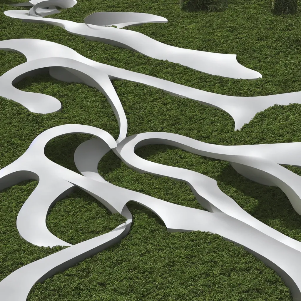 Image similar to “ an incredibly smooth curvilinear architectural sculpture, unfolding continuous golden surfaces enclose a visually interesting garden designed by zaha hadid, architecture render ”