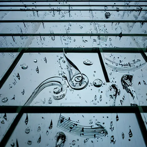 Image similar to a sculpture of music notation, three quater notes, art installation, made of polished reflective broze, cinematic light, rain, 8 k, unreal render, reflections,