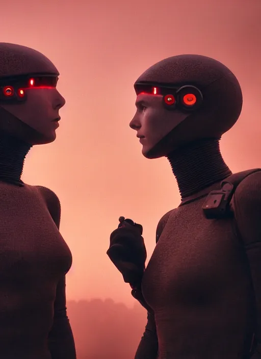 Image similar to cinestill 5 0 d photographic portrait by steve mccurry of two loving female androids wearing rugged black mesh techwear on a desolate plain with a red sky, extreme closeup, cyberpunk style, dust storm, 8 k, hd, high resolution, 3 5 mm, f / 3 2, ultra realistic faces, ex machina, blade runner