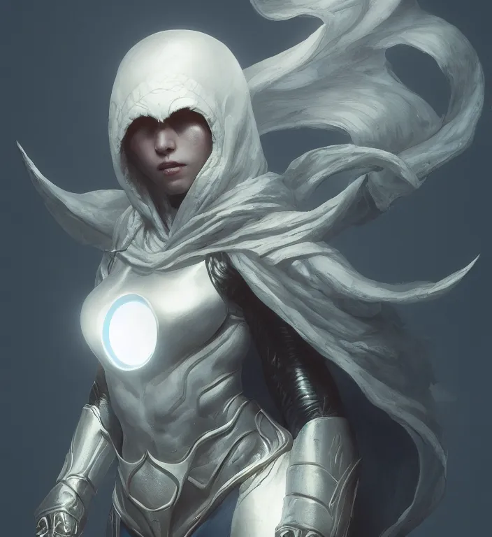 Image similar to female moon knight, hyper detailed, digital art, trending in artstation, cinematic lighting, studio quality, smooth render, unreal engine 5 rendered, octane rendered, art style by klimt and nixeu and ian sprigger and wlop and krenz cushart
