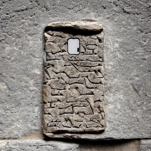 Prompt: ancient stone carving of an iphone