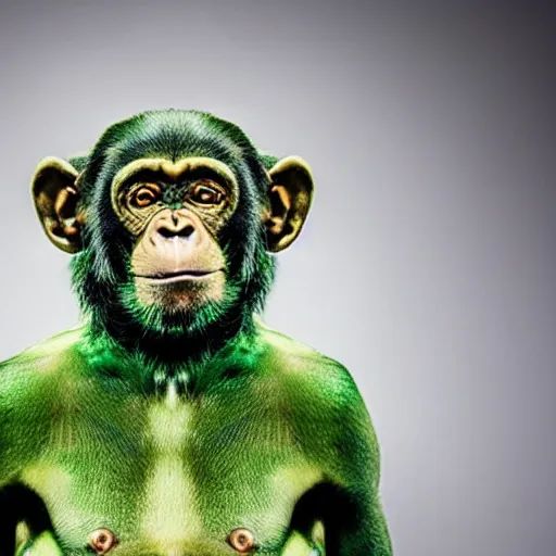 Image similar to a photo of a green chimp wearing headphones