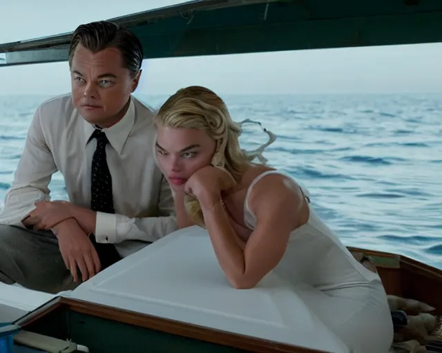 Prompt: leonardo dicaprio as the wolf of wall street next to margot robbie as naomi from the wolf of wall street sitting in a fishing boat, hyper realistic faces, beautiful eyes, cinematic, long shot, hyper detailed, 8 5 mm photograph, 8 k resolution, film still, sharp lens, wide lens