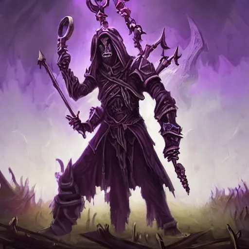 Image similar to a necromancer holding a bone staff calling an army of undead rising from the ground in the background, violet theme, hearthstone art style, epic fantasy style art, fantasy epic digital art, epic fantasy card game art