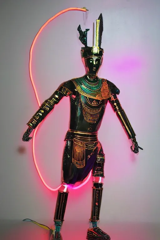 Image similar to full-body neon porcelain egyptian bladerunner greek style sculpture of a young handsome Russian royal as a high-fashion half-robot with a porcelain body with an opening exposing a battery leaking radioactive liquid, electric sparks, glowing violet laser beam eyes, crown of giant rubies, flowing pink and orange neon-colored silk, luminescent fabrics, mechanical raptors. baroque and steampunk elements. full-length view. baroque element. intricate artwork by caravaggio. Very very very very highly detailed epic photo of face. Trending on artstation, octane render, cinematic lighting from the right, hyper realism, octane render, 8k, depth of field, 3D