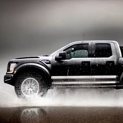 Prompt: a hyper realistic photo of the driver side of a ford raptor in a rainstorm