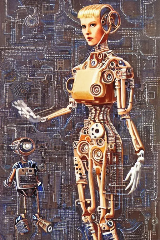 Image similar to a highly detailed retro futuristic female android with gears and other mechanical parts made out of pasta going for a walk outside, a robot made out of pasta, arms made out of spaghetti, eyes made out of macaroni, painting by Jim Burns and Julie Bell