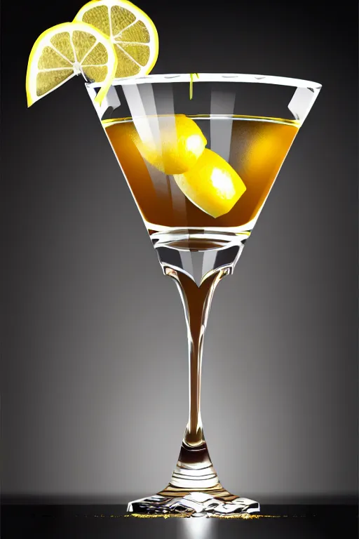 Prompt: a traditional whiskey cocktail with lemon twist in a martini glass on a black table, 4 k digital illustration by artgerm, wlop, james jean, andrei riabovitchev, marc simonetti, yoshitaka amano, artstation, cgsociety