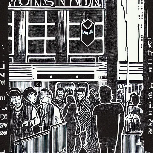 Image similar to a risograph print of a man walking into a New York City subway station