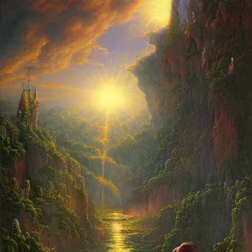 Prompt: realistic detailed view of heaven by terance james bond, russell chatham, greg olsen, thomas cole, james e reynolds, photorealistic, fairytale, art nouveau, illustration, concept design, storybook layout, story board format