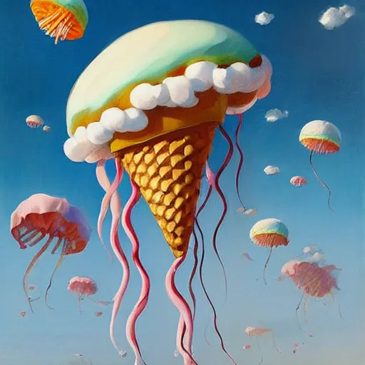 Prompt: Giant ice cream jellyfish fly through the air, as a tornado approaches, by Takashi Murakami, Edward Hopper, Bo Bartlett, and Cynthia Sheppard, Artstation