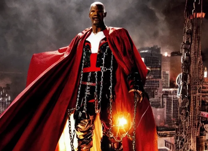 Image similar to film still of jamie foxx as spawn in the new spawn movie, giant chains, large cape, 8 k