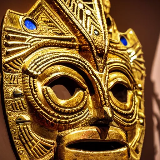 Image similar to traditional gold aztec mask with studded inlay jewels in a museum with spot lights, realistic, photography, photojournalism, national geographic photoshoot