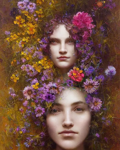 Image similar to a painting of a young woman surrounded by flowers, a surrealist painting by yoann lossel, trending on cgsociety, pop surrealism, made of flowers, cosmic horror, lovecraftian