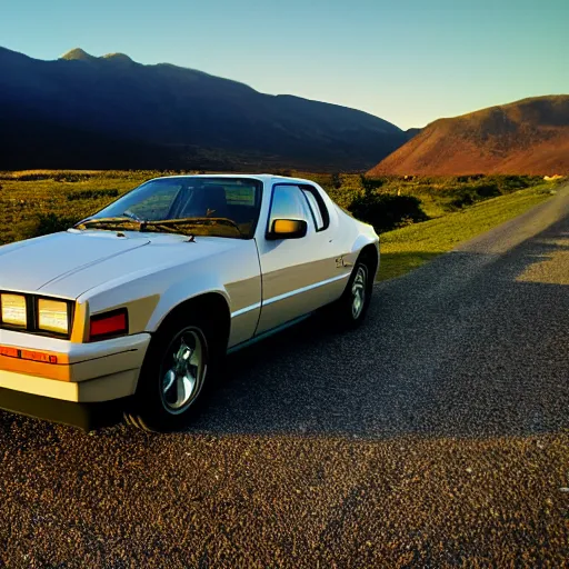 Prompt: 8 0 s sports car heading west, golden hour, larich style