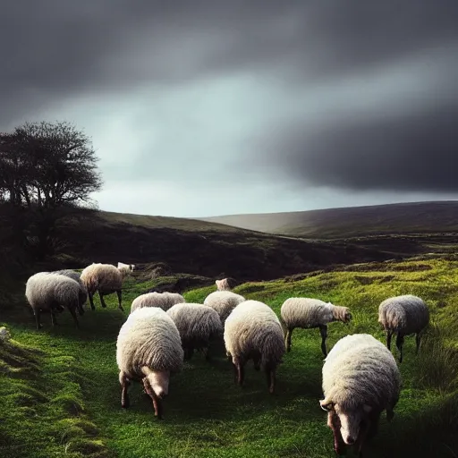 Prompt: beautiful irish landscape with sheeps, trending on artstation, octane, moody lighting, vibrant colors, ultrarealism