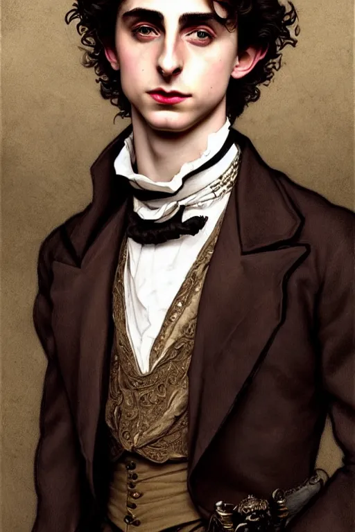 Prompt: Timothée Chalamet dressed in male Victorian fashion, D&D, fantasy, intricate, elegant, highly detailed, digital painting, artstation, concept art, matte, sharp focus, illustration, art by Artgerm and Greg Rutkowski and Alphonse Mucha