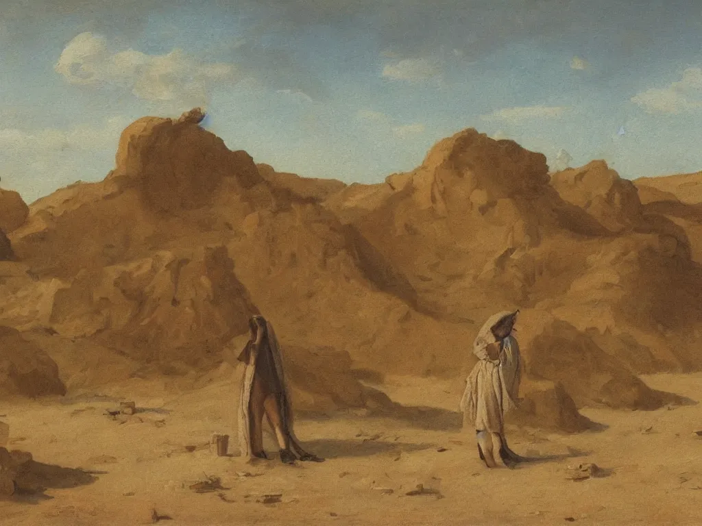 Image similar to scene with figure in the desert. painting by ernst steiner
