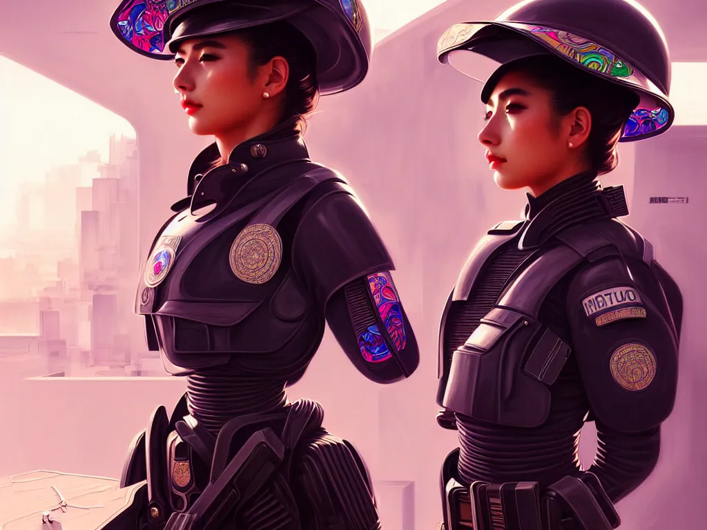 Image similar to portrait futuristic mexico police uniform girl, at future neon light rooftop, ssci - fi and fantasy, intricate and very very beautiful and elegant, highly detailed, digital painting, artstation, concept art, smooth and sharp focus, illustration, art by tan zi and ayanamikodon and alphonse mucha and wlop