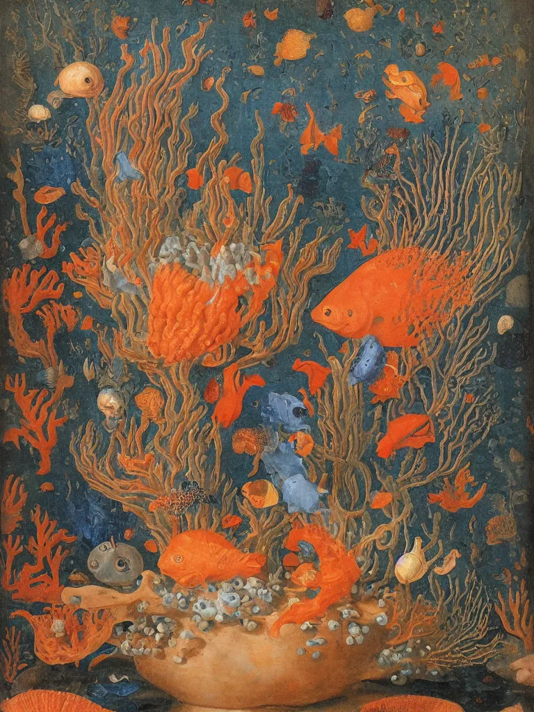 Image similar to bottle vase of coral under the sea decorated with a dense field of stylized scrolls that have opaque outlines enclosing mottled blue washes, with orange shells and purple fishes, Ambrosius Bosschaert the Elder, oil on canvas